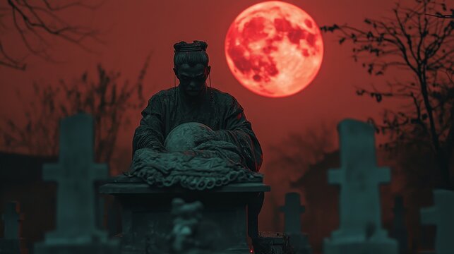 Eerie Rural Graveyard Encounter with Gory Chinese Jiangshi under Blood-Red Full Moon