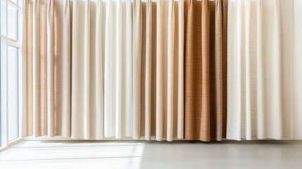 Obraz premium Modern interior featuring wall of neutral curtains in various shades, creating serene atmosphere. soft textures and colors enhance elegance of space