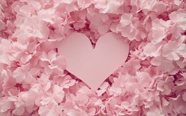 Obraz premium A heart-shaped paper cutout rests delicately in a vibrant pink flower bed, symbolizing love and beauty for Valentine's Day.