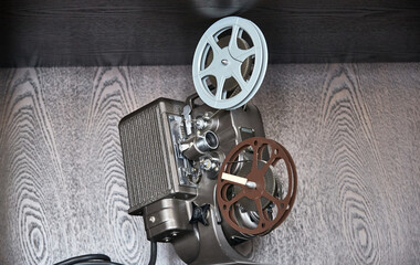 A close-up of a retro vintage film movie projector