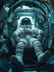 Fototapeta premium Preparing for the Void, Astronaut in a Confined Spacecraft, Surrounded by Complex Equipment and Ready for the Next Lunar Mission