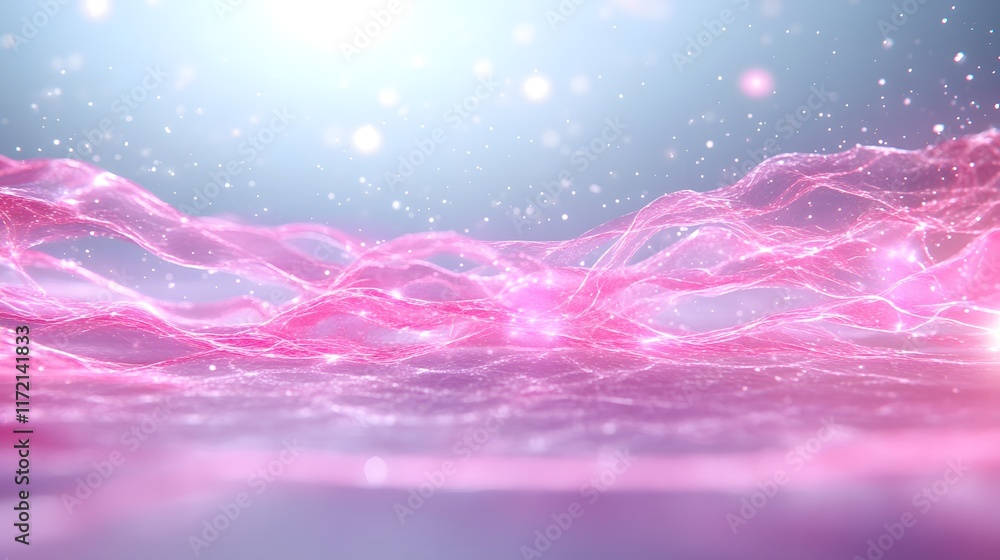 Poster ethereal pink waves of light creating a dreamy background with a soft glow and sparkling particles i