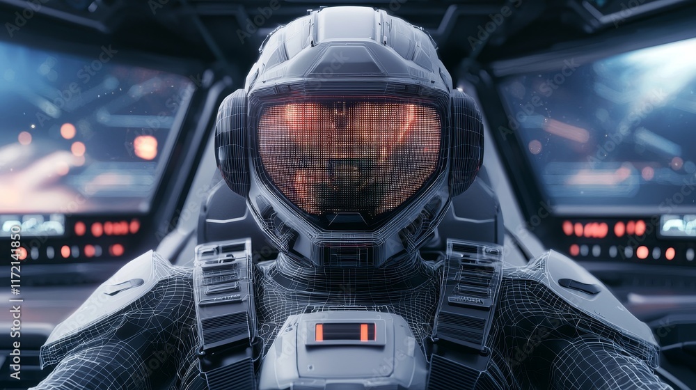 Wall mural a futuristic astronaut in a sleek helmet sits in a high-tech spacecraft cockpit, surrounded by advan