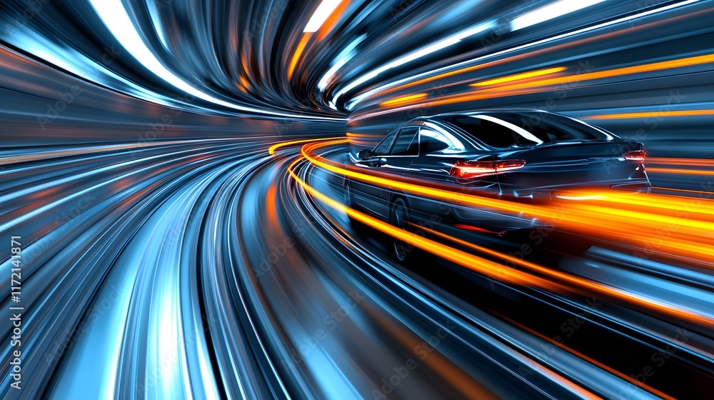 Aufkleber high-speed motion of a modern car emanating light trails in a dynamic urban environment for automoti
