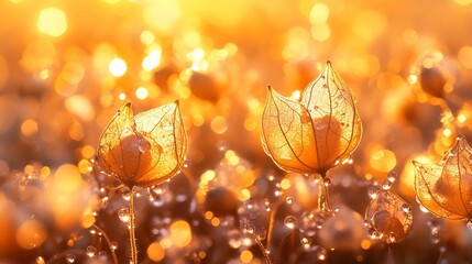 Delicate, translucent flowers bathed in golden sunrise light, glistening with morning dew.