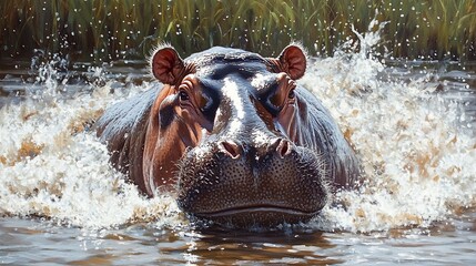 Fototapeta premium Hippopotamus emerging from water, splashing.