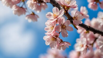 Fototapeta premium Japanese Cherry Blossom Tree with Pink Petals on a Vibrant Spring Day - Capturing Nature's Beauty in Bloom