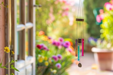 A colorful wind chime hanging from a porch