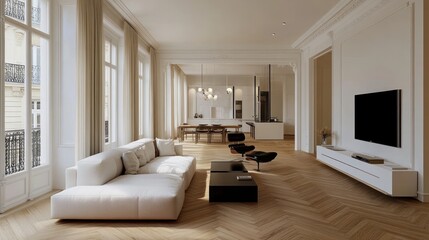 Parisian apartment, sunlight, herringbone floors, open-plan living, modern design,  real estate