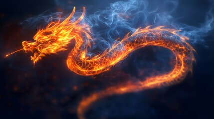 Majestic Chinese Mythical Dragon Wrapped in Flames and Smoke, Illuminating the Darkness with a Fiery Glow and Symbolizing Power, Mystery, and Transformation