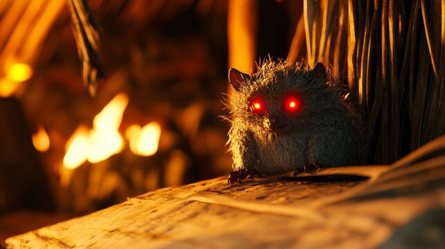 Enigmatic African Tokoloshe in Tribal Hut with Glowing Red Eyes by Flickering Firelight