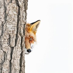 Obraz premium A clever fox peeking from behind a tree, isolated in white, white background