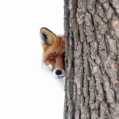 Naklejka premium A clever fox peeking from behind a tree, isolated in white, white background