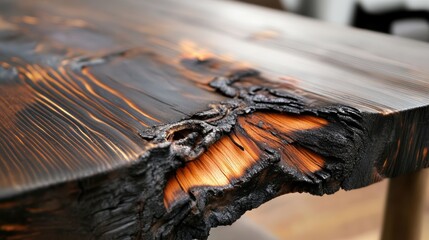 A close-up view of a beautifully textured wooden surface with charred edges, showcasing natural grains and a striking contrast of dark and warm tones.