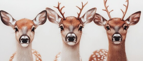 Obraz premium Three Adorable Fawn Deer Portraits Close Up Wildlife Nature Animals