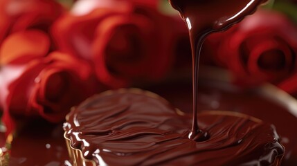 A macro shot of melting chocolate drizzling over a heart mold, with soft-focus roses in the background
