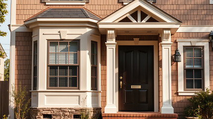 A sunlit image of a house's entrance.  Features a brown brick facade, white columns framing a dark brown door, and a bay window with brown trim.  The style is traditional, with a prominent portico.