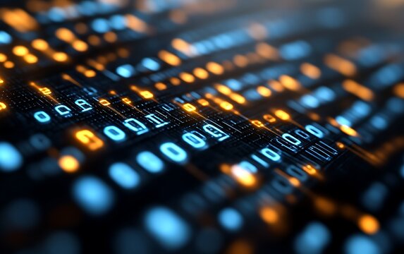 Abstract digital binary code glowing in blue and orange.