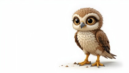 Obraz premium Adorable baby owl with big eyes and fluffy feathers stands on a white background with small sand piles cute bird wildlife animal illustration