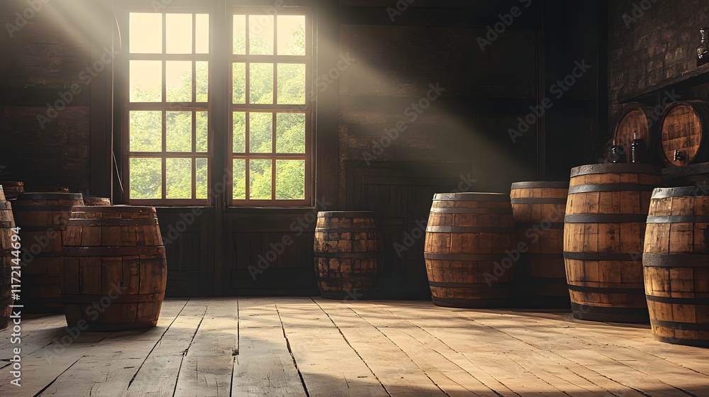 Poster rustic wooden barrels in a dimly lit room with sunlight streaming through windows, creating warm and