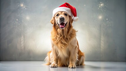 Holiday cheer abounds! A Golden Retriever, Santa hat perched jauntily, smiles for his Christmas photo.