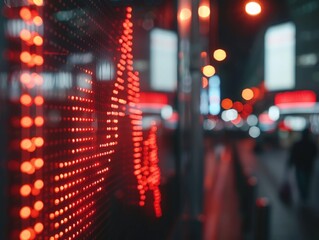 Dynamic stock market display urban city digital signage nighttime close-up financial insight