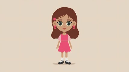 Flat Style Illustration of a 10-Year-Old Girl with Brown Hair, Green Eyes, and Pink Dress on a Beige Background