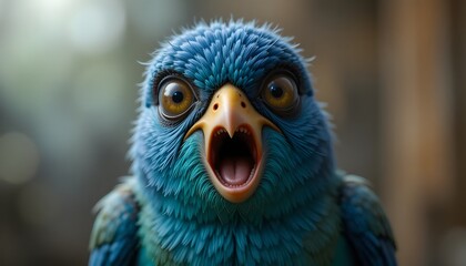 Obraz premium Close-up portrait of a vibrant blue bird with wide eyes and an open beak expressing surprise or excitement