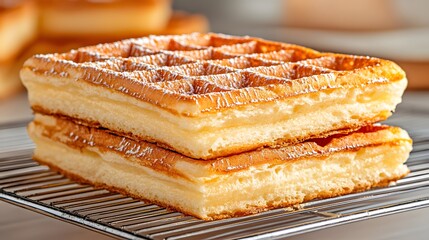 Delicious golden waffles stacked on a cooling rack, dusted with powdered sugar, showcasing a fluffy texture perfect for breakfast or dessert inspiration.