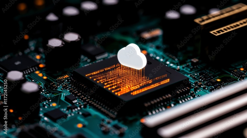 Poster cloud computing data transfer digital cloud icon on circuit board