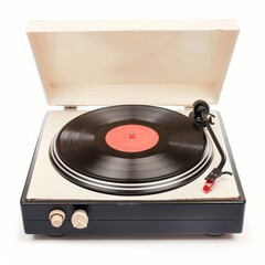 Fototapeta premium A classic vinyl record player with records, isolated in white, white background