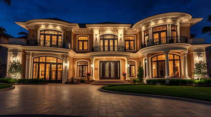 Obraz premium A large, three-story house at night. The house is tan with many windows, lit from within, and features classical architectural details. Landscaping includes manicured lawns and a paved driveway.