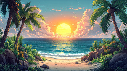 Tropical beach sunset, palm trees, ocean waves, sandy shore, colorful sky, game background