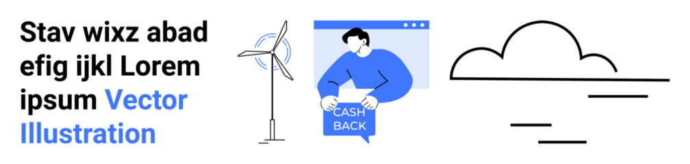Man showing cashback, wind turbine and cloud symbol. Ideal for finance, eco, tech, business, marketing, education, and energy industries. Landing page