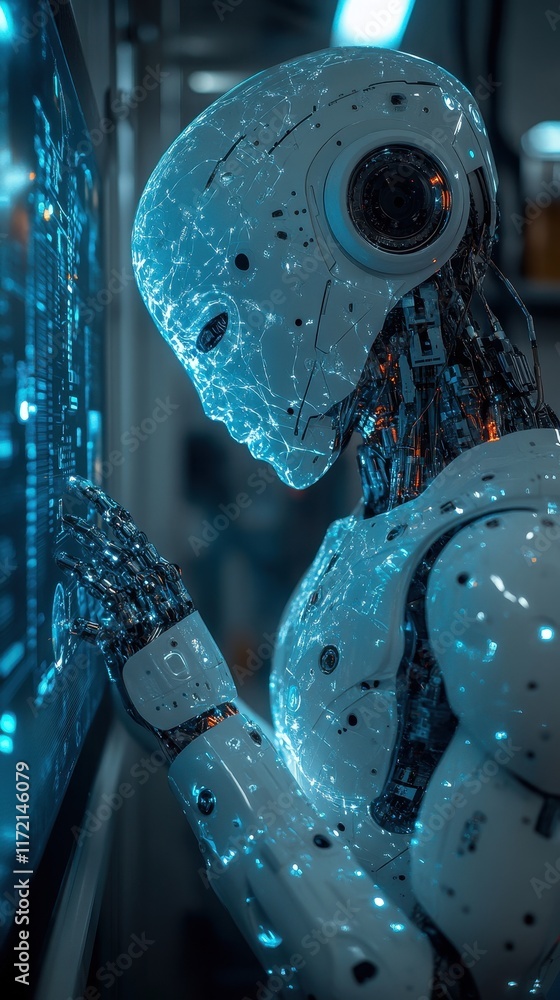 Poster a humanoid robot interacts with a digital interface, showcasing advanced technology.