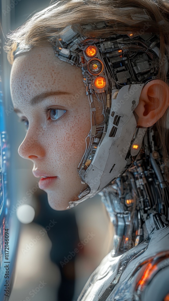 Poster a futuristic humanoid robot with intricate mechanical details and a serene expression.
