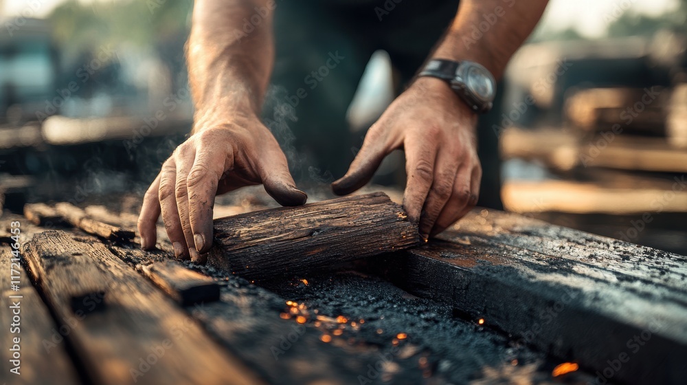 Poster a close-up of a person's hands working with a piece of wood, surrounded by a workspace with smoky an
