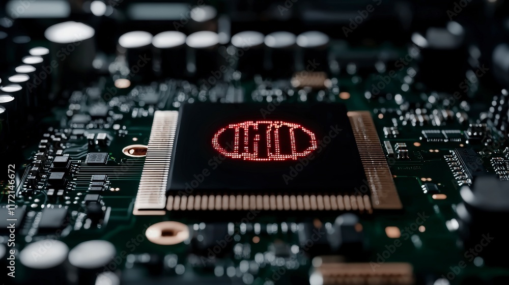 Poster close up of cpu microchip with red led display on circuit board