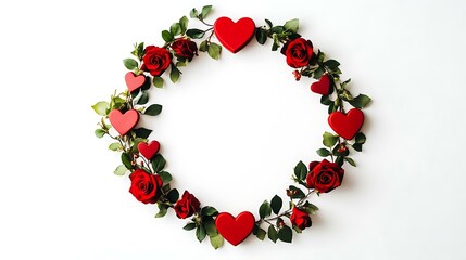 Obraz premium A colorful Valentine's wreath featuring red hearts and roses surrounding bold Happy Valentine's Day text on a clean white background