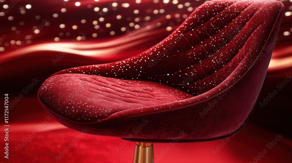 Aufkleber elegant red velvet chair with gold base against a glossy abstract background featuring sparkling lig