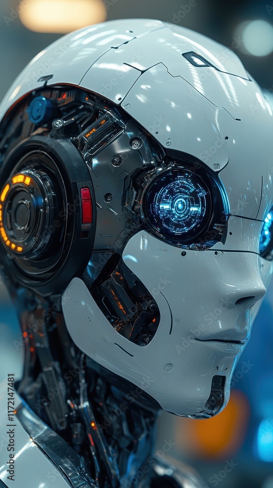 Poster a close-up of a futuristic humanoid robot with intricate details.
