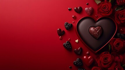 A decorative Valentine's Day image of a heart-shaped chocolate box and roses on a vivid red backdrop with ample room for promotional content