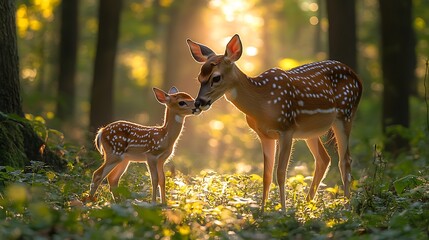 A fawn and its mother in a sunlit forest setting.