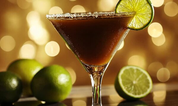 Close-up of a Refreshing Dark Cocktail Garnished with Lime and Sugar Rim in a Martini Glass, with a Golden Bokeh Background