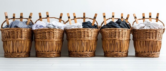 Rustic Wicker Laundry Baskets with Clothes Wooden Pegs Home Organization
