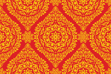 Seamless traditional Thai art gold colored floral pattern in damask style motifs suitable for wallpaper, cloth, textile and fabric design isolated over red colored background archive EPS files.