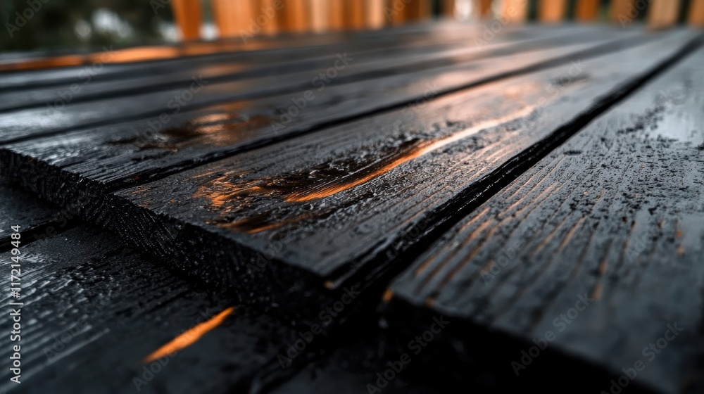 Poster a close-up view of weathered wooden planks with a glossy finish, reflecting light, creating a tranqu