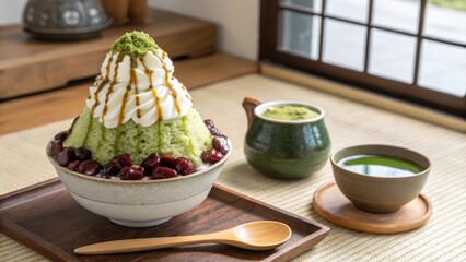 Delicious Matcha Flavored Shaved Ice Dessert in Traditional Setting