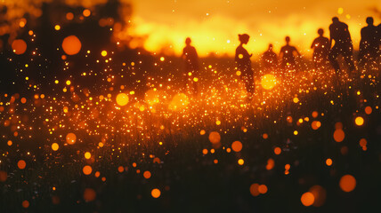 Obraz premium A group of people are running through a field of glowing sparks