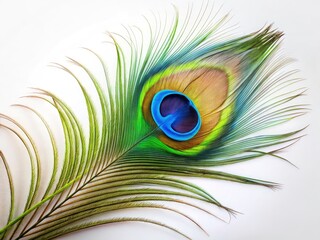 Fototapeta premium Luxury redefined: a pristine white background showcases a stunning peacock feather, its elegant plume a testament to nature's artistry.
